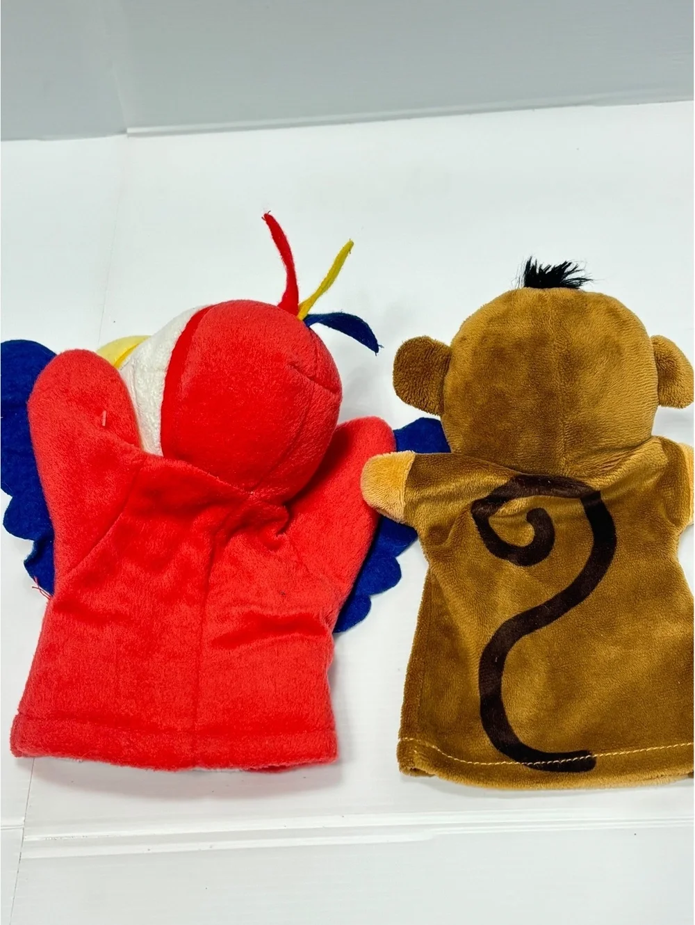 Set of 2 Plush Animal Hand Puppets - Parrot and Monkey - Soft Fabric, Colourful